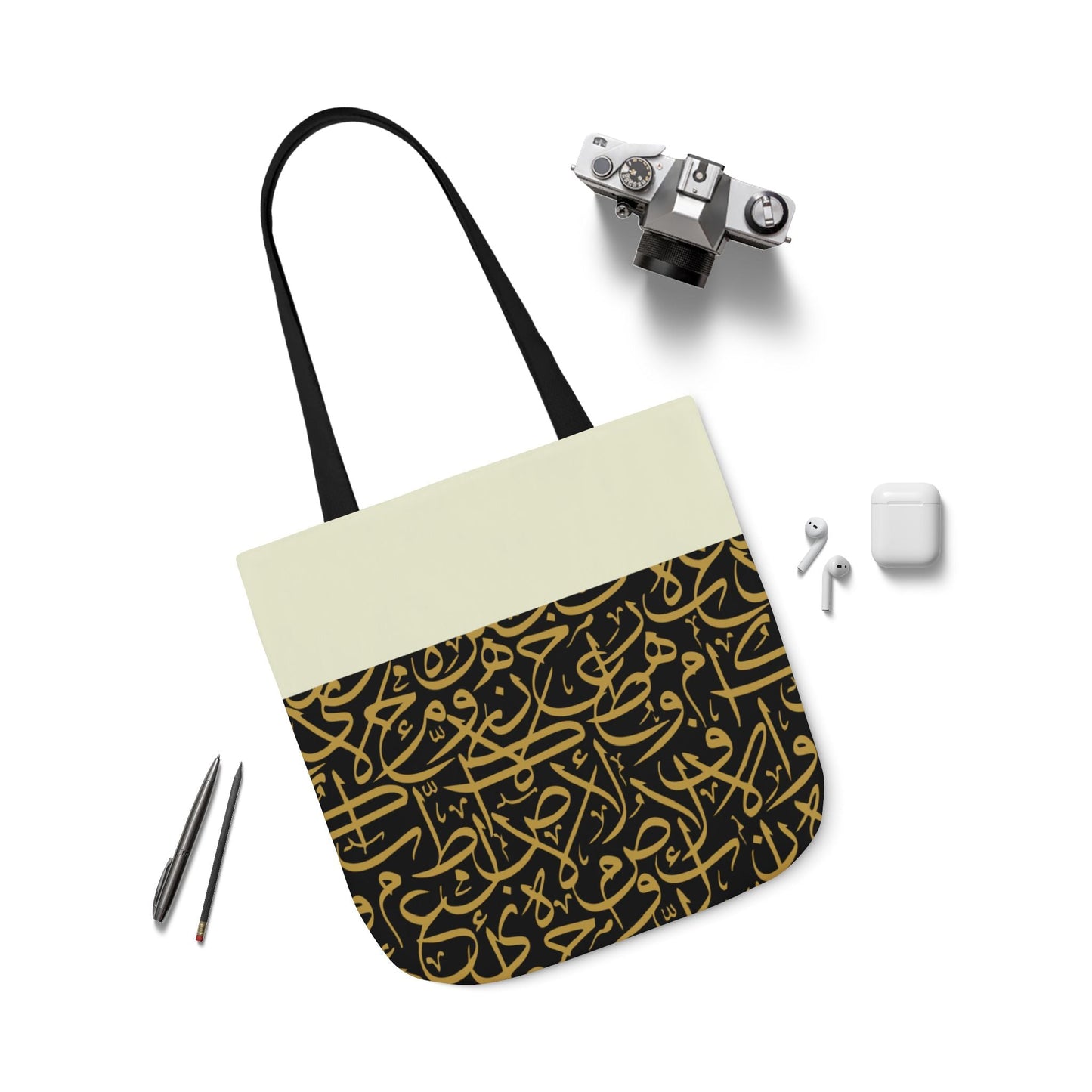 Black and Gold Arabic Letters Tote Bag, 2-Color Straps