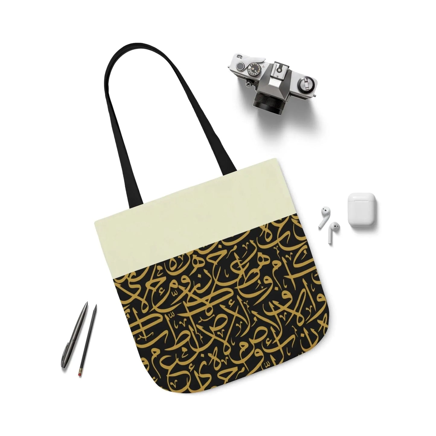 Black and Gold Arabic Letters Tote Bag, 2-Color Straps book cover