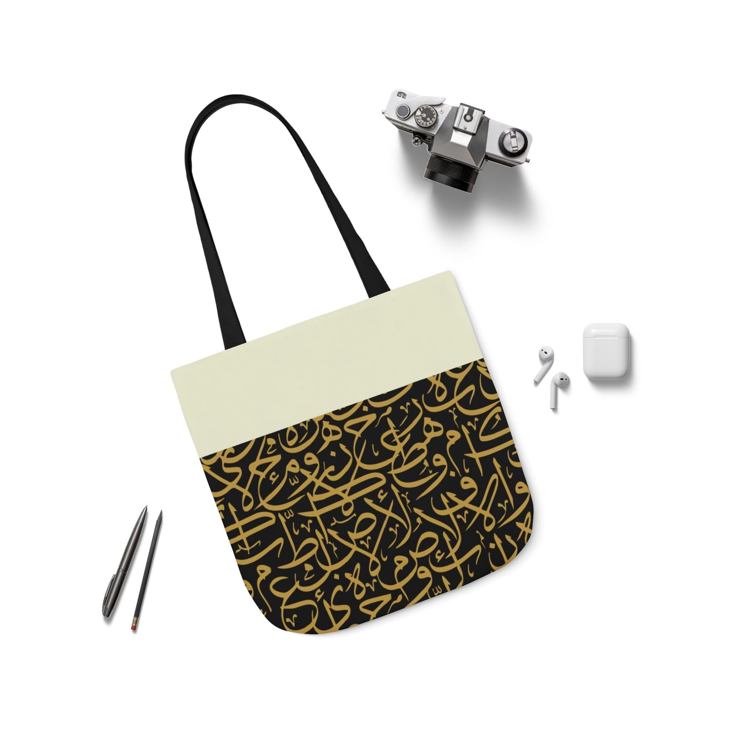 Black and Gold Arabic Letters  Tote Bag, 2-Color Straps