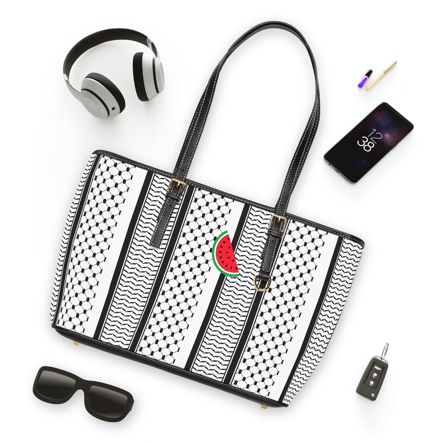 Black and White Kufie Pattern Leather Shoulder Bag