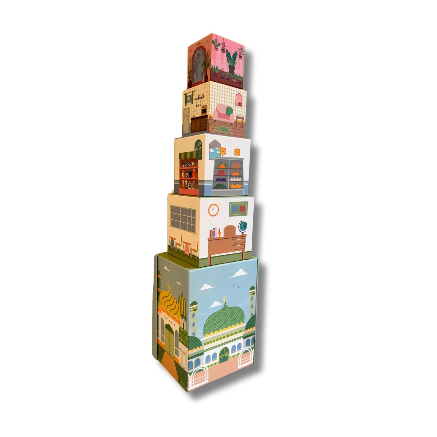 Stacking Houses (Set of 5 Houses and 3 Hardwood Characters)