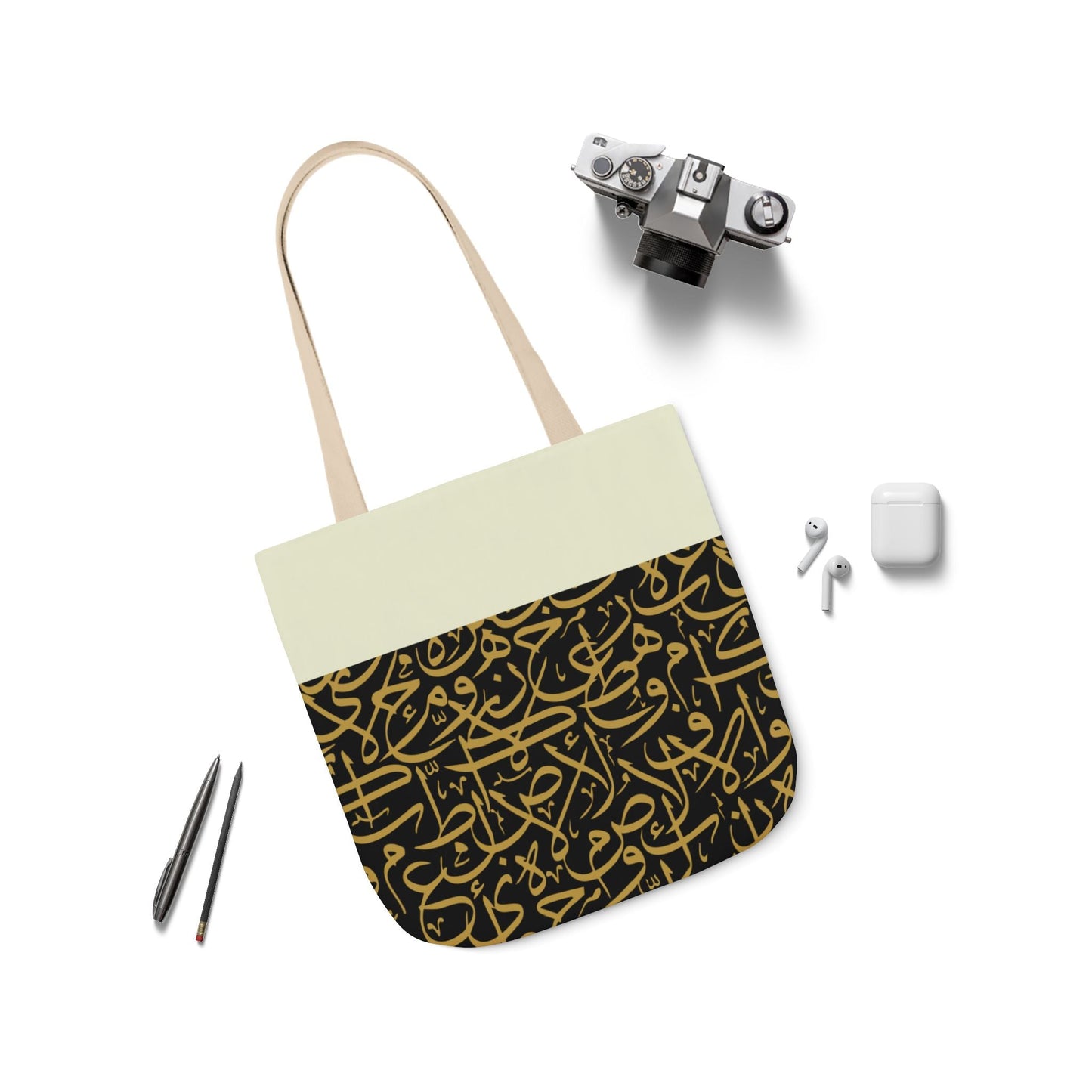Black and Gold Arabic Letters  Tote Bag, 2-Color Straps