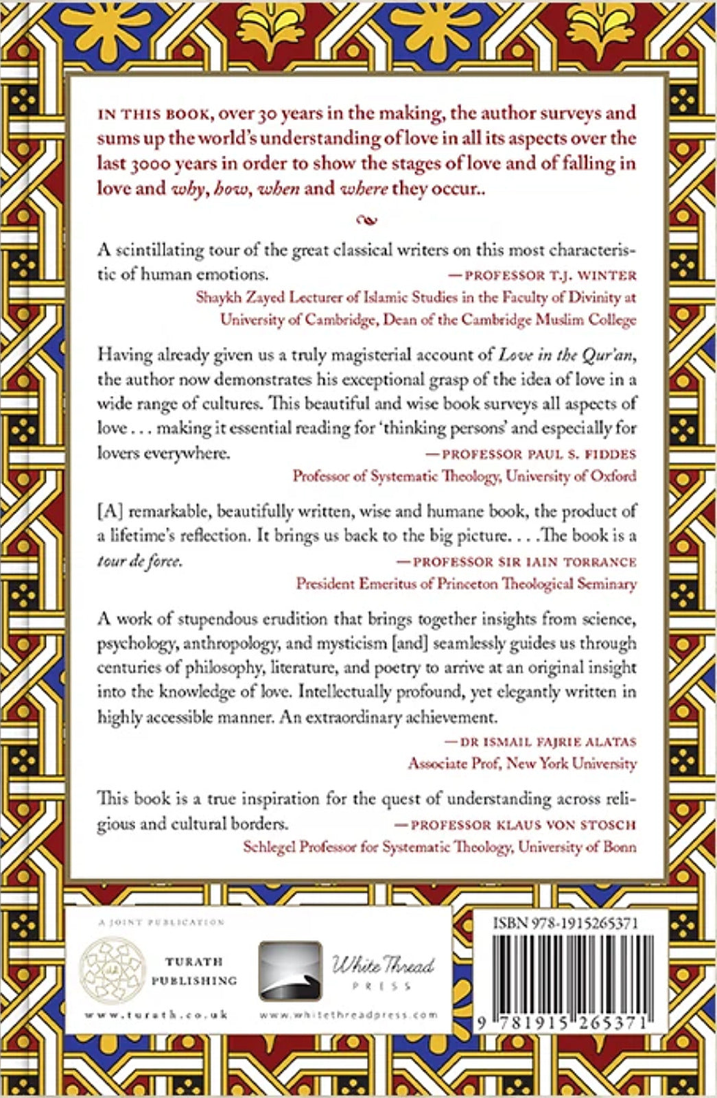 Back cover of A Thinking Person's Guide to Love with endorsements from Cambridge, Oxford and Princeton