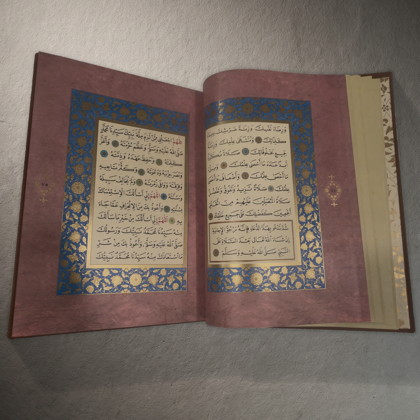 Dala'il al-Khayrat — rose-tinted leaves with lapis and gold illuminated borders